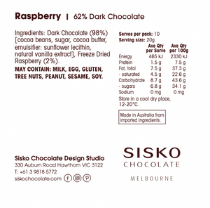 Daily Dose | Raspberry| Dark Chocolate | 62% cacao | 200g