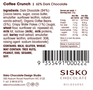 Coffee Crunch | French Dark Chocolate | 62% Cacao | 80g