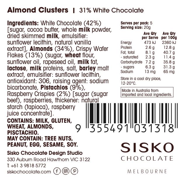 Almond Clusters French White Chocolate 31 Cocoa butter 100g