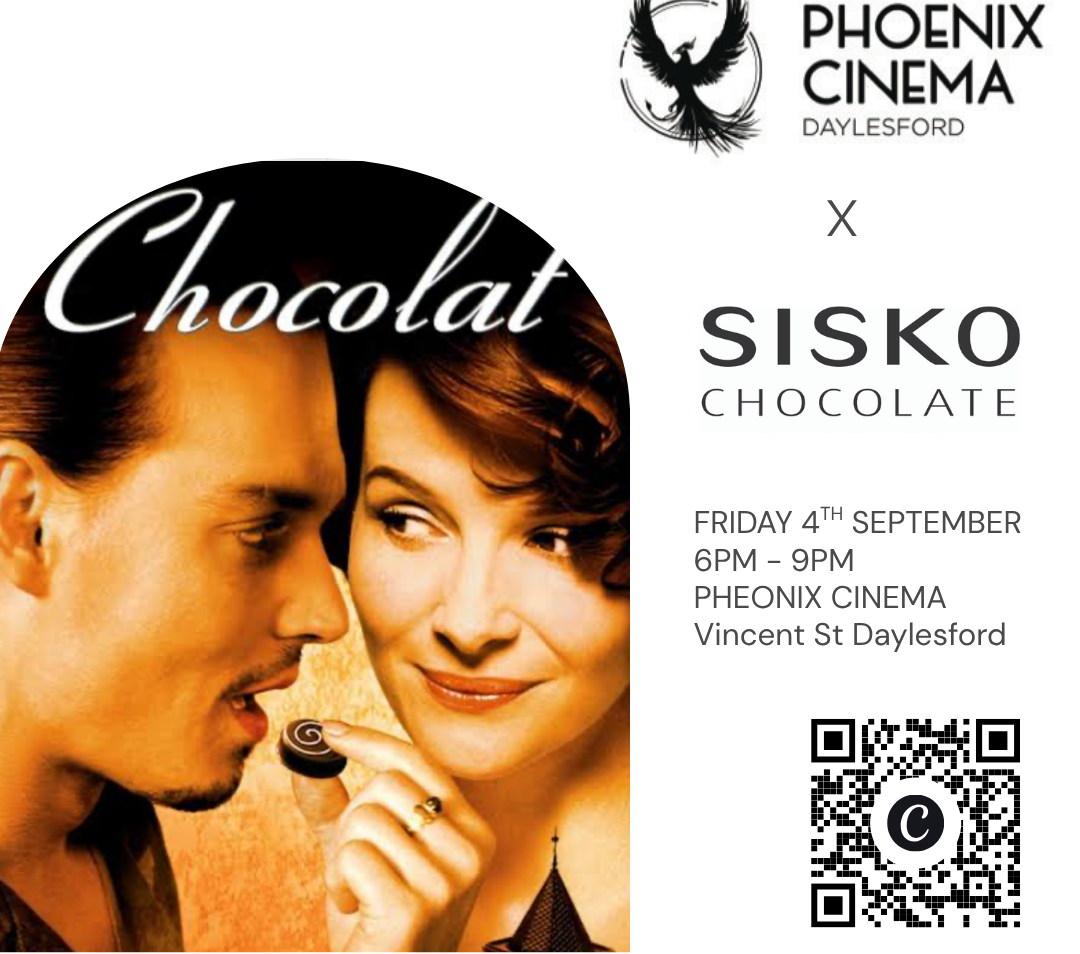 Promotional event poster for a 'Movie & Chocolate Evening' featuring a round chocolate-themed movie still of a man and woman, with Phoenix Cinema Daylesford and Sisko Chocolate logos, event date and time, and a QR code on a white background.