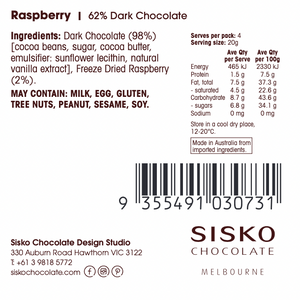 Raspberry | French Dark Chocolate | 62% Cacao | 80g