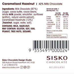 Caramelised Hazelnut  | French Milk Chocolate | 42% Cacao | 80g
