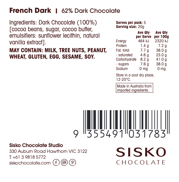Daily Dose | French Dark Chocolate | 62% cacao | 100g