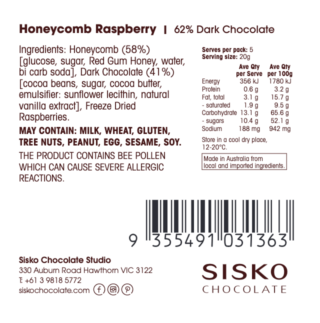 Honeycomb | Raspberry | French Dark Chocolate | 62% cacao |100g