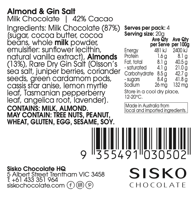 Disk | Almond & Gin Salt | French Milk Chocolate | 42% Cacao | 80g