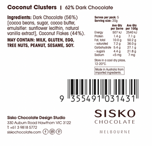 Coconut Clusters | French Dark Chocolate | 62% Cacao | 100g