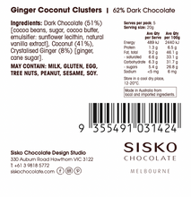 Load image into Gallery viewer, Coconut Clusters | Ginger | French Dark Chocolate | 62% Cacao | 100g