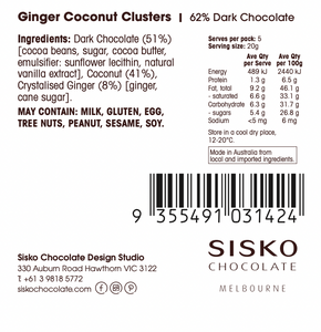 Coconut Clusters | Ginger | French Dark Chocolate | 62% Cacao | 100g