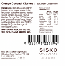 Load image into Gallery viewer, Coconut Clusters | Orange | French Dark Chocolate | 62% Cacao | 100g