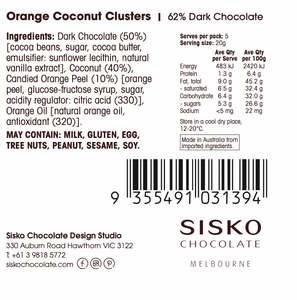 Coconut Clusters | Orange | French Dark Chocolate | 62% Cacao | 100g