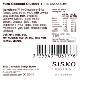 Coconut Clusters | French White Chocolate | 31% cocoa butter | Yuzu  | 100g