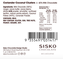 Load image into Gallery viewer, Coconut Clusters | Coriander | Milk Chocolate | 42% cacao |  100g