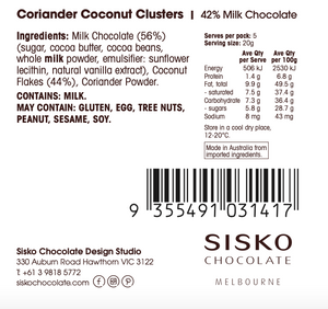 Coconut Clusters | Coriander | Milk Chocolate | 42% cacao |  100g