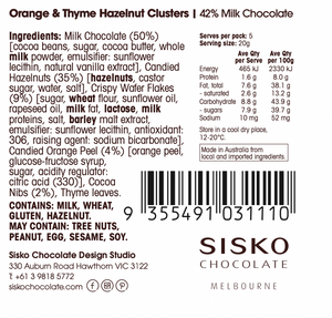 Hazelnut Clusters | Orange Thyme | French Milk Chocolate | 42% Cacao | 100g