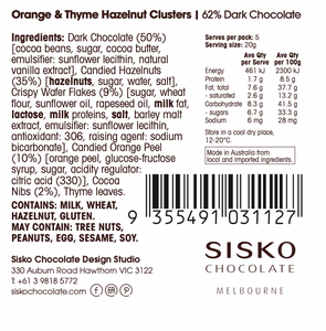 Hazelnut Clusters | Orange Thyme | French Dark Chocolate | 62% Cacao | 100g
